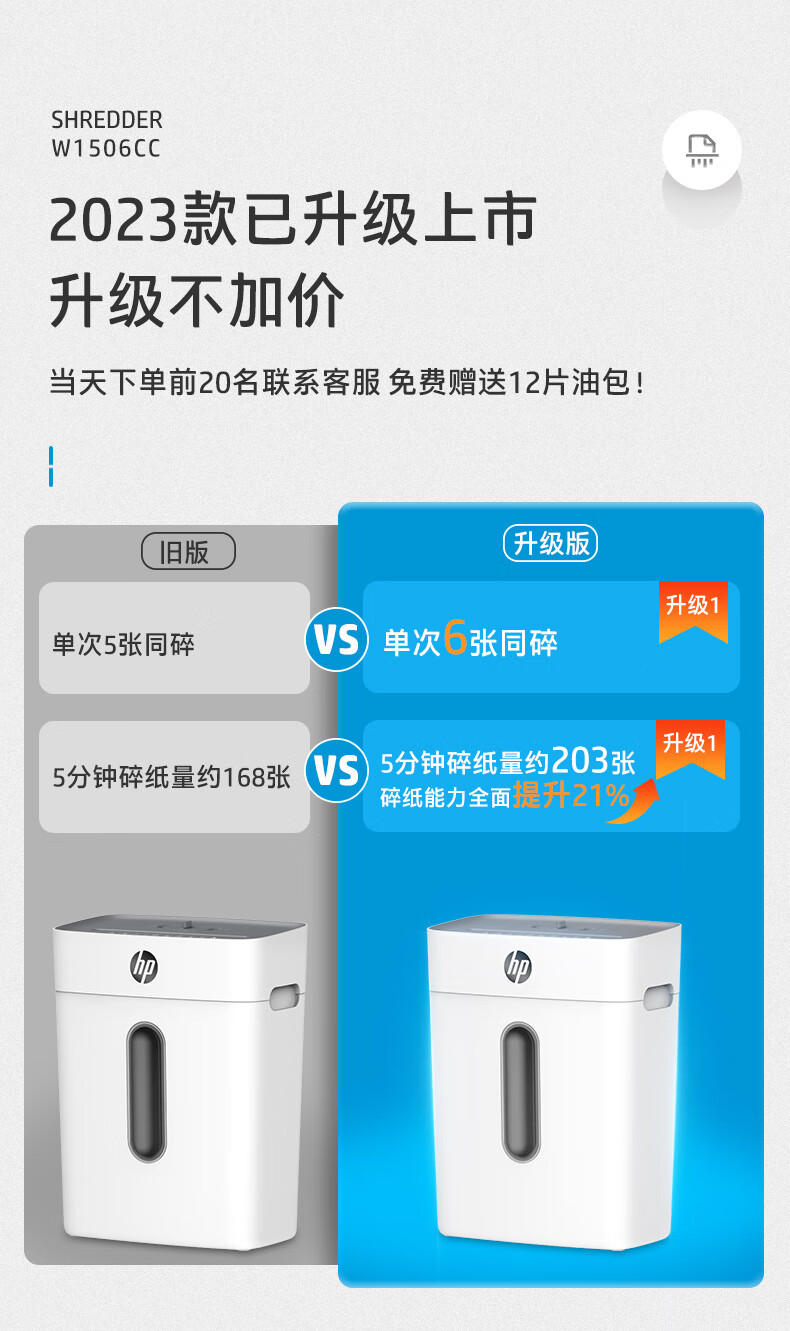 HP惠普（HP）4级保密办公家用碎纸机粉碎机 （单次6张 连续碎5分钟 15L 可碎卡碎订书针）W1506CC